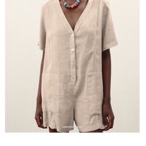 ZARA tan linen romper with pearl like buttons size medium